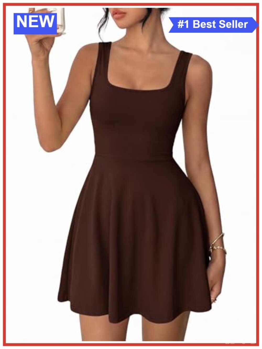 Women's Sleeveless Square Neck Fit and Flare Mini Dress with Pockets